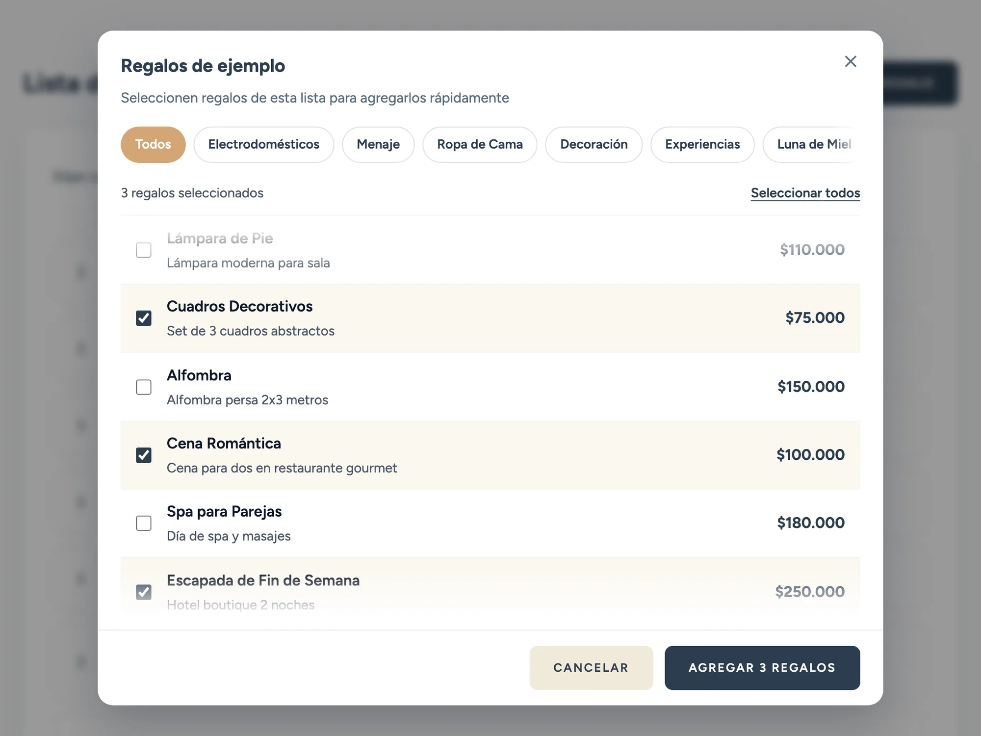 La lista de regalos en la app, con el selector de regalos de ejemplo abierto